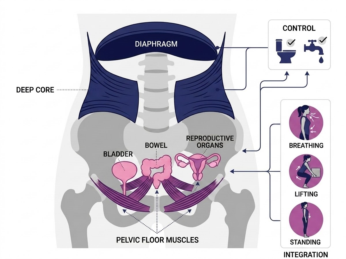 Diagram of the pelvic floor muscles supporting the bladder, bowel, and reproductive organs, and working with the deep core and diaphragm during breathing, lifting, and standing.