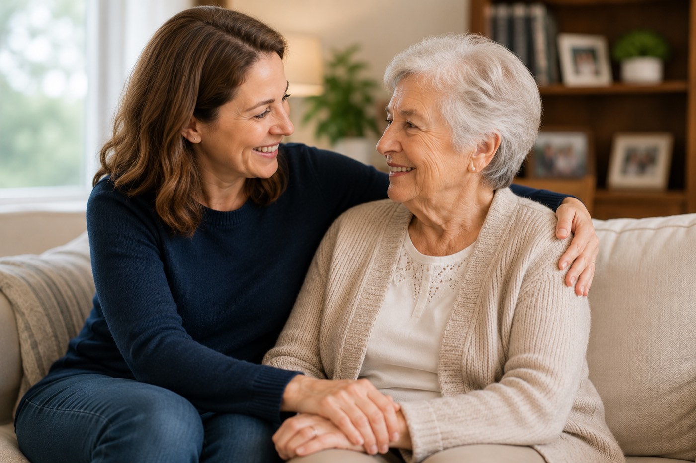 An adult child and aging parent meeting with an ASPIRE therapist in Louisville, CO